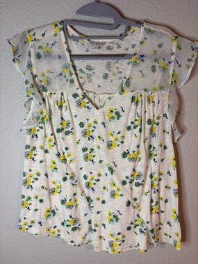Lucky Brand White Floral V-Neck Blouse with Yellow & Green